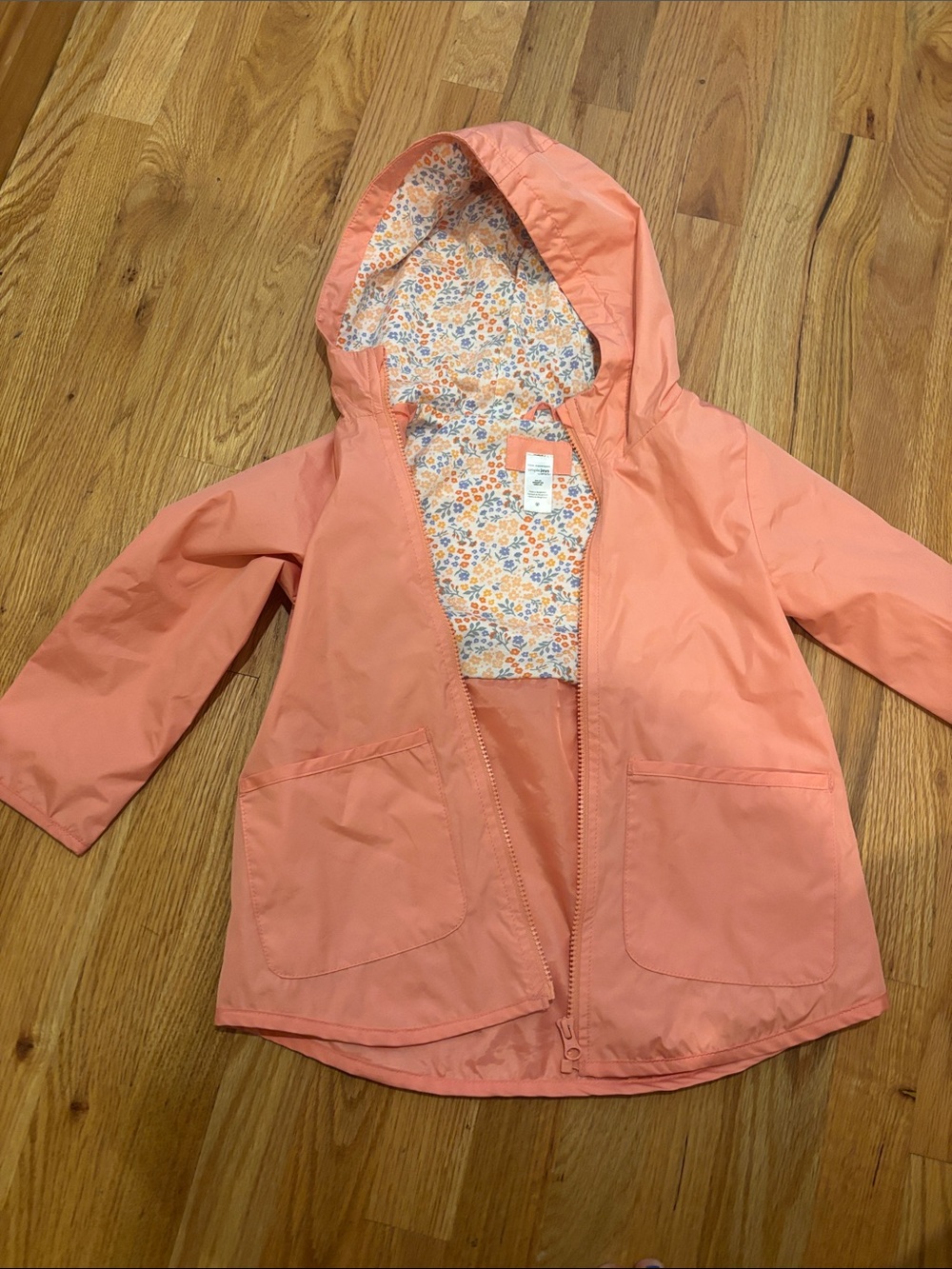 Girls' Coral Hooded Raincoat with Floral Lining